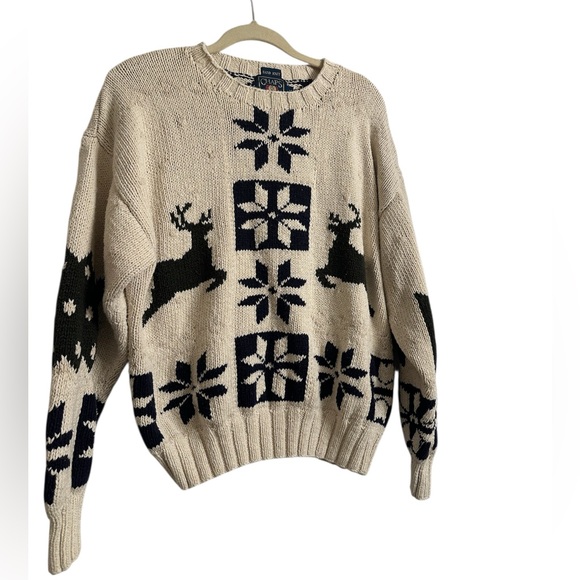 Vintage Chaps Ralph Lauren Hand-Knit Fair Isle Reindeer Sweater M Linen Cotton - Picture 2 of 8